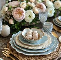 AI generated easter table setting with flowers and plates photo