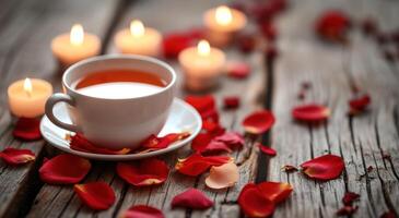 AI generated a cup of tea with rose petals and candles on a wooden table photo