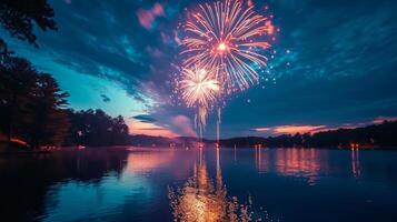 ai generado vibrante fuegos artificiales terminado lago en cuarto de julio foto