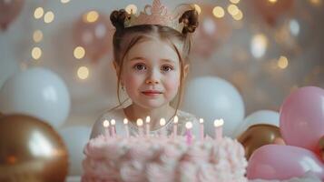 ai generado niña en princesa corona con dos coletas se sienta cerca un grande rosado pastel con 5 5 velas foto