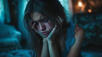 ai generado triste trastornado mujer llorando en oscuro melancólico casa foto