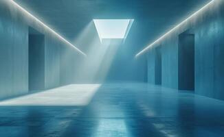 AI generated an empty blue room, with a light beam above it photo