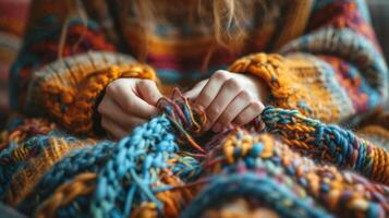 AI generated Woman knits a sweater from multi-colored threads photo