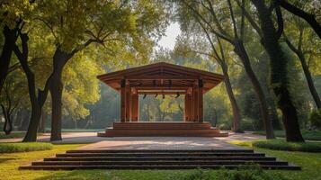 AI generated An elegant stage positioned in a tranquil park, framed by ancient trees photo