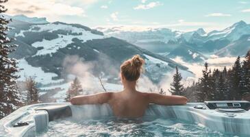 AI generated female in hot tub overlooking mountains and snow photo