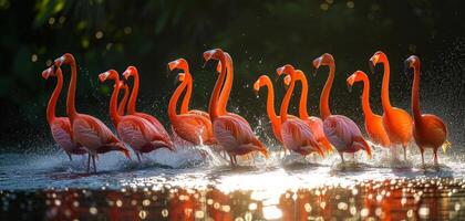 ai generado un rebaño de flamencos crea un fascinante bailar, su largo cuellos graciosamente curvo foto