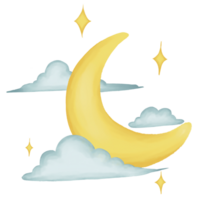 Yellow crescent moon with clouds and sparkles isolated. suitable for Islamic illustrations and nighttime theme designs. png