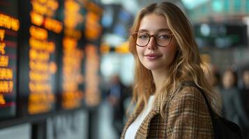 AI generated A Content Businesswoman Poses Confidently in Front of a Train Station Information Board photo