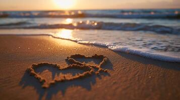 AI generated The couple's initials etched in the sand, symbolizing their love in a beach wedding. large copyspace area photo