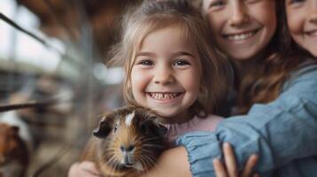 AI generated A girl with her parents in a pen with guinea pigs at the zoo photo