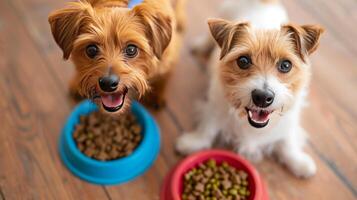 ai generado dos contento perros felizmente comer su comida desde vistoso bochas foto