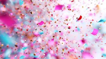 AI generated Colorful confetti adorns a bright background, evoking a sense of celebration and joy photo