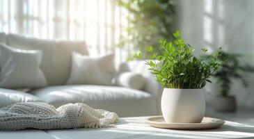 AI generated white plant on a table in front of sofa and white floor couch photo