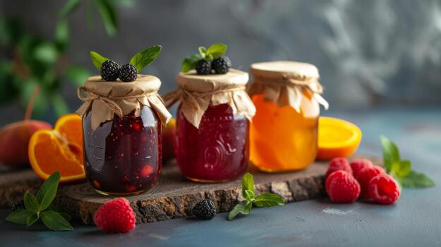 AI generated Clean and minimalist backdrops accented by jars filled with sweet fruit jams photo