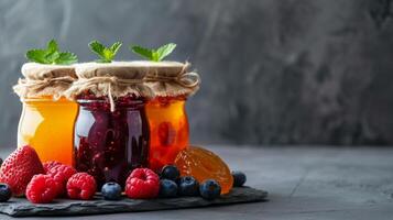 AI generated Clean and minimalist backdrops accented by jars filled with sweet fruit jams photo