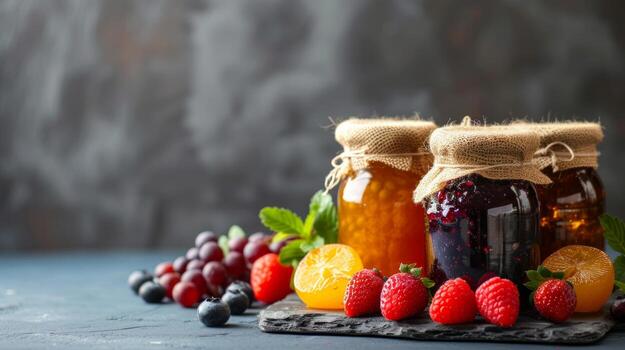 AI generated Clean and minimalist backdrops accented by jars filled with sweet fruit jams photo