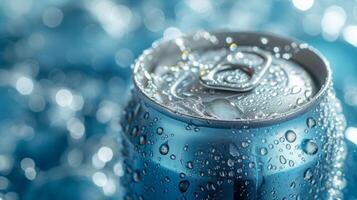 AI generated Condensation trickles down a frosty can, tempting with its effervescent allure photo