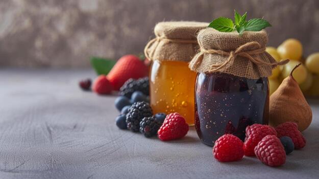 AI generated Clean and minimalist backdrops accented by jars filled with sweet fruit jams photo