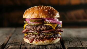 AI generated A hearty double-decker burger with two juicy patties, pickles, onions, and a special sauce photo