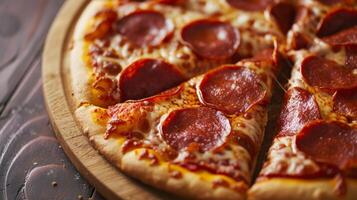 AI generated A classic pepperoni pizza, perfectly sliced and ready to be enjoyed. photo