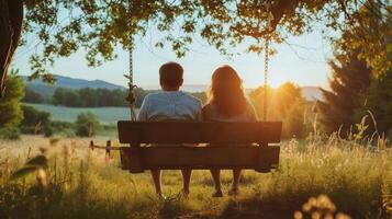 ai generado un Pareja compartiendo un tranquilo, íntimo momento en un rústico de madera columpio con vista a un pintoresco prado foto