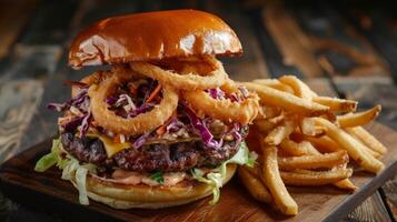 AI generated A barbecue burger topped with onion rings and a tangy coleslaw, served with a side of crispy fries photo