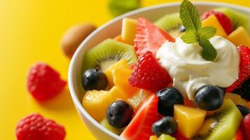 AI generated A colorful fruit salad topped with a dollop of creamy custard, a refreshing dessert photo