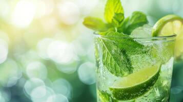 AI generated A close-up of a mojito glass, highlighting its mint leaves, lime wedges, and sparkling soda photo