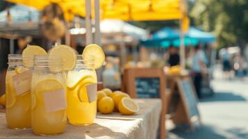 ai generado un limonada estar con escrito señales, ofrecimiento limonada a transeúntes en un caliente día foto