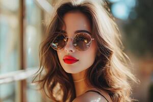 ai generado un hermosa hermosa mujer fuera de con Gafas de sol y lápiz labial foto