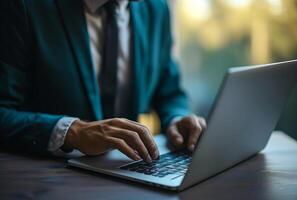 AI generated a guy in a suit is working on a laptop, in the style of light teal and dark navy photo