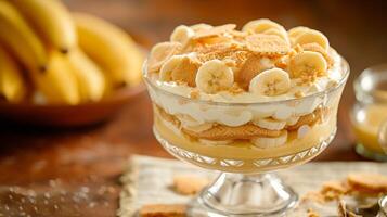 AI generated A creamy banana pudding layered with vanilla wafers and fresh banana slices, pure nostalgia photo