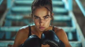 AI generated A focused female boxer in athletic wear and gloves training on gym stairs photo