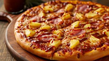 ai generado un hawaiano Pizza con piña, jamón, y un llovizna de dulce parilla salsa foto