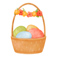 Cartoon-style wooden basket with a tall handle. Woven crate filled with colorful Easter eggs. Adorned with a wreath of vibrant spring flowers. Eco-friendly product. Watercolor isolated illustration png