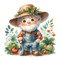 ai généré de bonne humeur gnome jardinier dans aquarelle style png