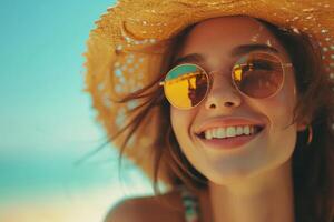 ai generado mujer en Gafas de sol y Paja sombrero riendo playa foto