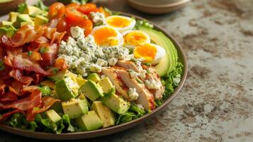 AI generated A hearty Cobb salad featuring rows of bacon, eggs, avocado, chicken, and blue cheese crumbles photo