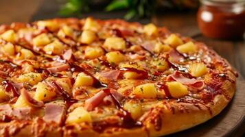 ai generado un hawaiano Pizza con piña, jamón, y un llovizna de dulce parilla salsa foto