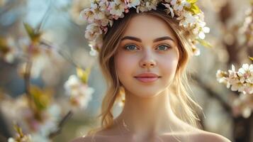 AI generated With a wreath of blossoms in her hair, photo