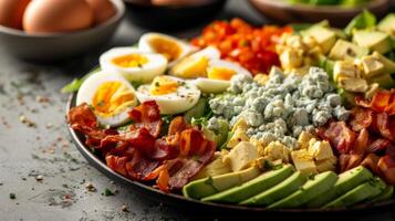 AI generated A hearty Cobb salad featuring rows of bacon, eggs, avocado, chicken, and blue cheese crumbles photo
