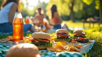 AI generated A group of friends enjoying a picnic with burgers, potato chips, and cold beverages photo