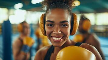 AI generated Athletes in boxing gear, flashing victorious smiles directly at the camera photo