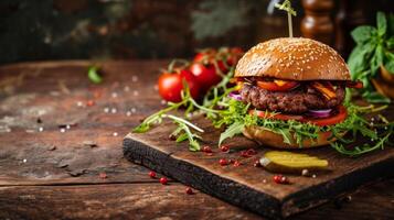 AI generated A handcrafted gourmet burger served on a rustic wooden board, surrounded by fresh ingredients photo