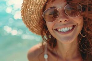 ai generado mujer en Gafas de sol y Paja sombrero riendo playa foto