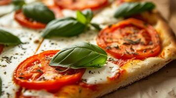 AI generated A close-up of a slice of Margherita pizza, showcasing vibrant red tomatoes, fresh basil, and mozzarella photo
