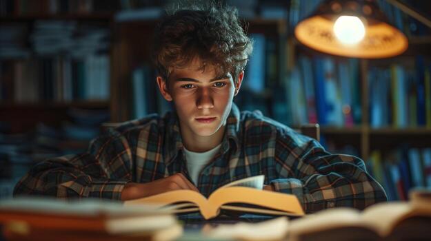AI generated A diligent schoolboy engrossed in his textbooks, illuminated by the soft glow of a desk lamp photo