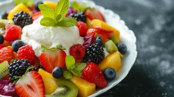 AI generated A colorful fruit salad topped with a dollop of creamy custard, a refreshing dessert photo