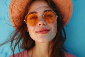 AI generated young woman with sunglasses, sunglasses, and hat on a blue background photo