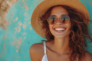 ai generado mujer en Gafas de sol y Paja sombrero riendo playa foto